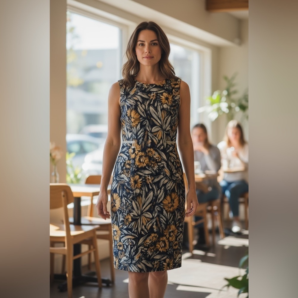 Dennis Morroto Floral Midi Dress in Navy and Gold - Designer - Size 10